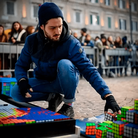 Иллюстрация Джованни Контарди собирает картину из кубиков Рубика на площади